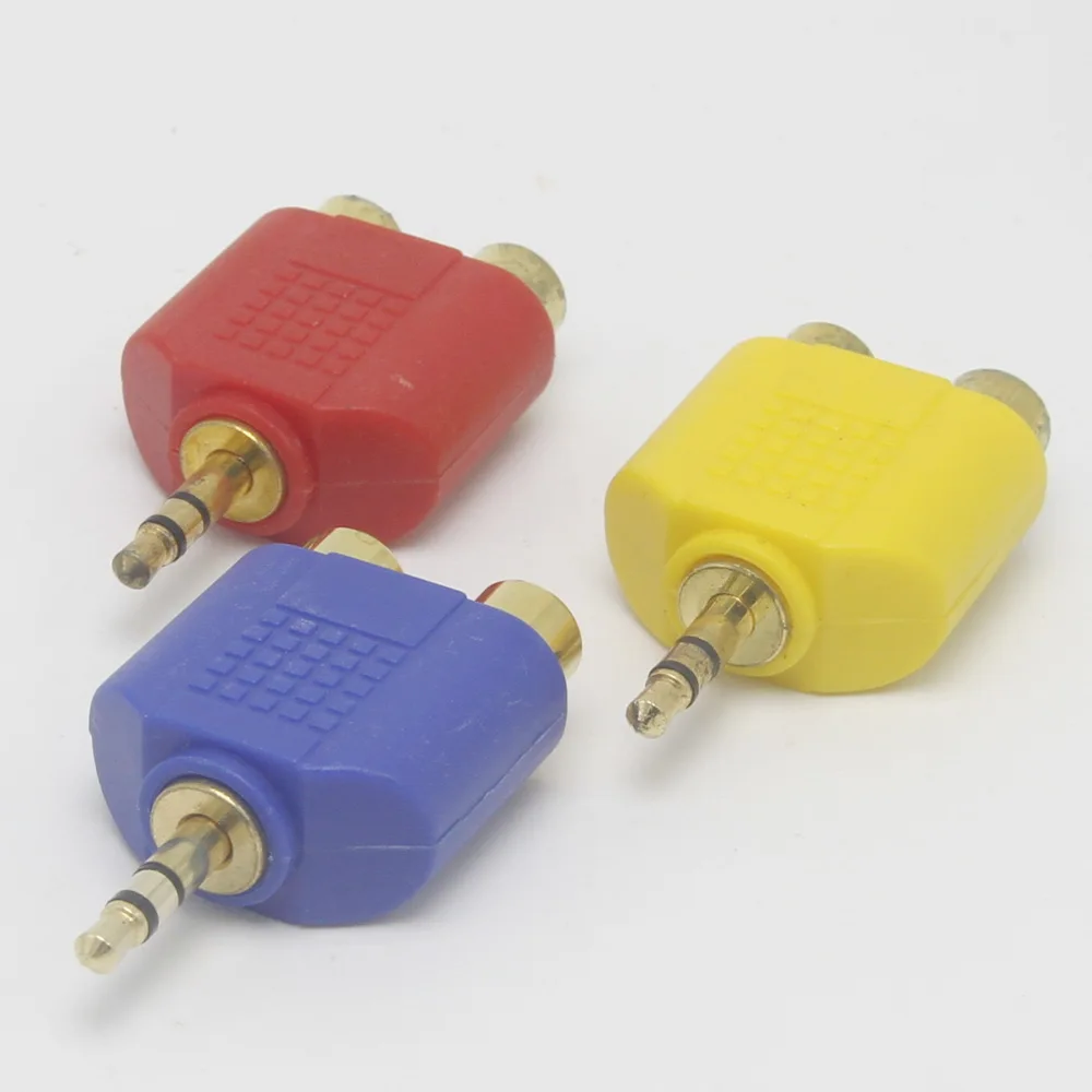 3 Colour RCA Connector 3.5mm Stereo Male Jack Out Plug To 2 RCA Female Splitter Adapter 10pcs/lot