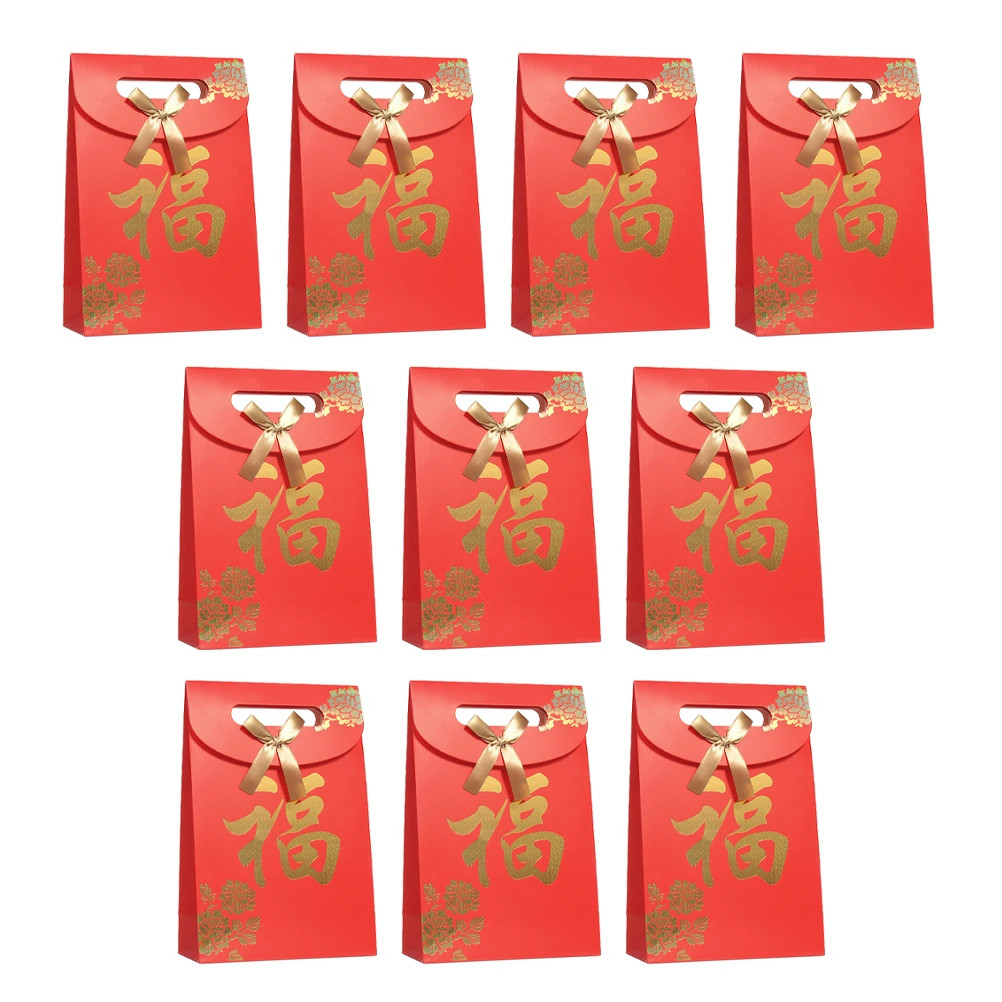 

10pcs Gift Bags Red Coated Paper Lightweight Durable Storage Cookies Chocolates Candy Reusable New Year Party Home