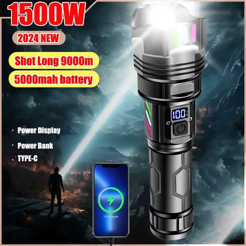 2024 New 5000mAh High Power 1500W LED Flashlight Type-C Rechargeable LED Torch 9000M Ultra Powerful Outdoor Tactical Lantern