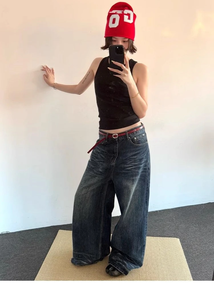 女性のレトロブルーストレートだぶだぶのジーンズストリート日常着ヴィンテージズボンクールガールボトムス女性ハイウエストワイドレッグパンツ
