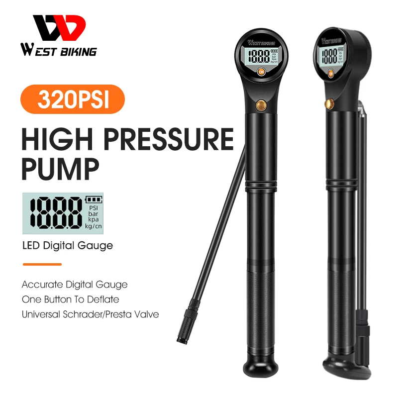 

WEST BIKING Bike Pump 320psi High Pressure Precise Digital Gauge Hose MTB Road Bicycle Schrader Presta Valve Cycling Tire