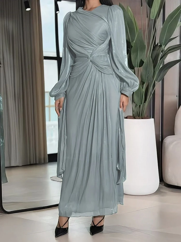Lady High Waist Ruffles Dress Luxury O-neck Lantern Long Sleeve Evening Dress Temperament Elegant Solid Color Slim Banquet Dress