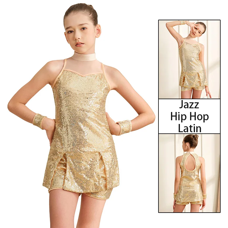 Mädchen Pailletten-Tanzkleid Funkelnde Kleidung für Kinder Ärmelloses Top und Shorts Jazz Hip Hop Latin Glänzender Anzug Outfit Kostüm – Detail 5