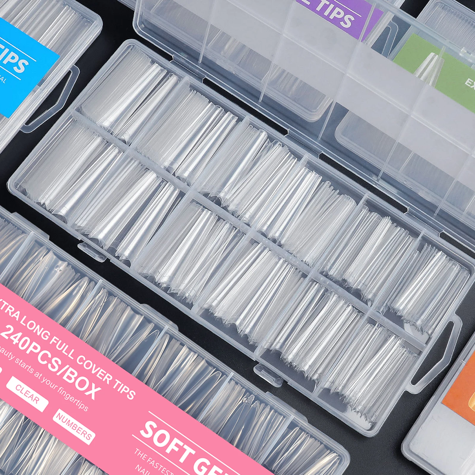 240PCS No C Curve Clear Nail Tips For Acrylic Nails Professional, 3XL Extra Long, Removable 12 Sizes Half Cover Straight Tapered