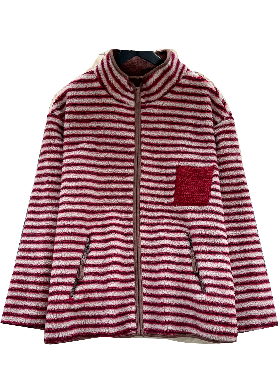 Coreano Sle Thiened Caldo Pelliccia di Agnello Jaet delle Donne Allentato Lavorato a Maglia Patchwork Piccolo ket Top A Righe Faionable Tuta Sportiva