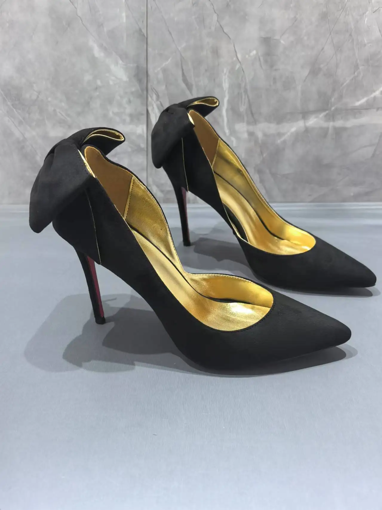 أسود فراشة عقدة النساء مضخات الأحمر وحيد أشار تو الضحلة رقيقة عالية الكعب الانزلاق على الإناث حذا فردي للسيدات حجم كبير مثير Shallo #2