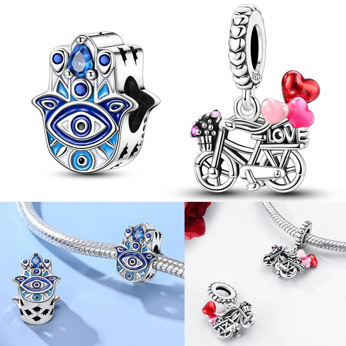 

925 Sterling Silver Guarding Hands Charms Bead CZ Zircon Lover Bicycle Balloon Dangle Fit Original Bracelet DIY Women Jewelry