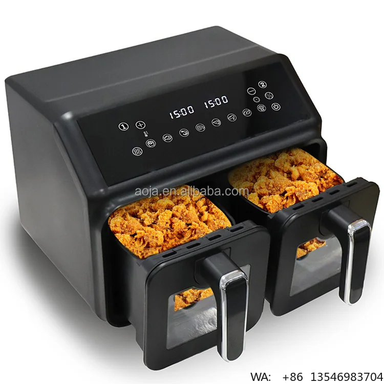 AOJA 2024 New Digital Controls Air Fryers 4+4 8L Large Capacity 2 Independent Frying Baskets Dual Basket Oil Free AirFryer-Black