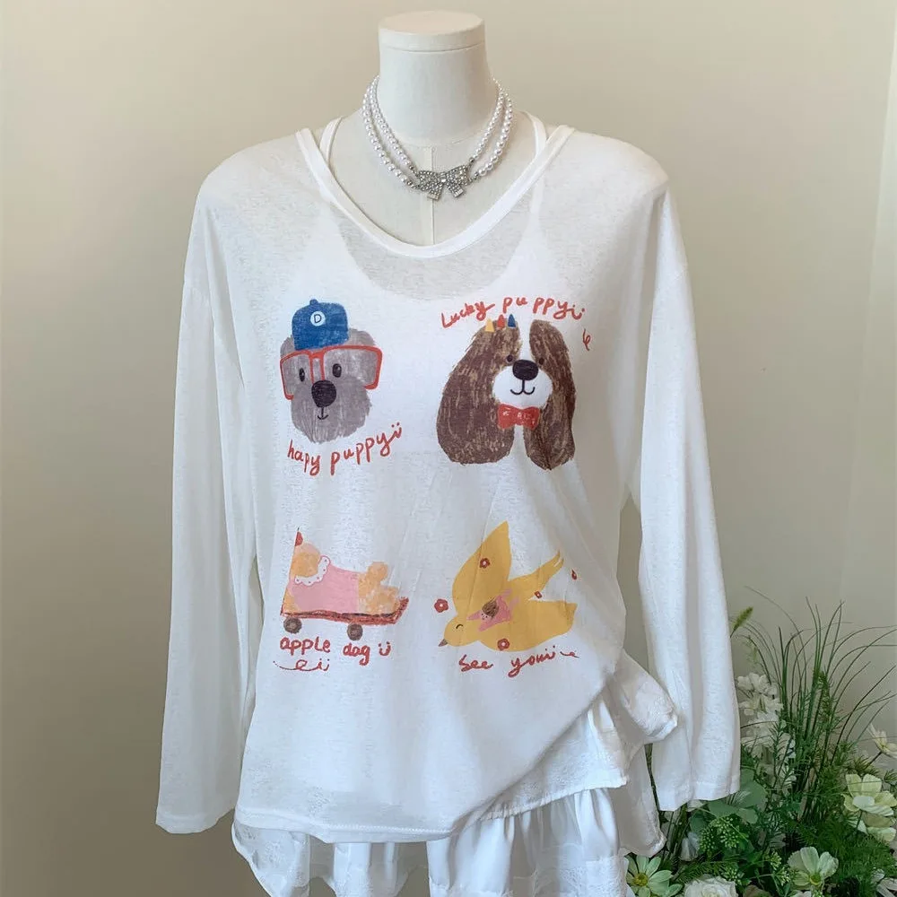 

Thin Dog Print Graphic T-shirt Sunscreen Cartoon Cartoon Animal Long Sleeved Top Ins Korean Style Round Neck Oversized T-shirt
