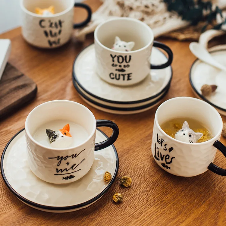 

Cute Kitten Ceramic Cat Claw Cup Afternoon Tea Coffee Cups with Plates Dishes Ceramic Mug for Couples and Children Drinking Milk