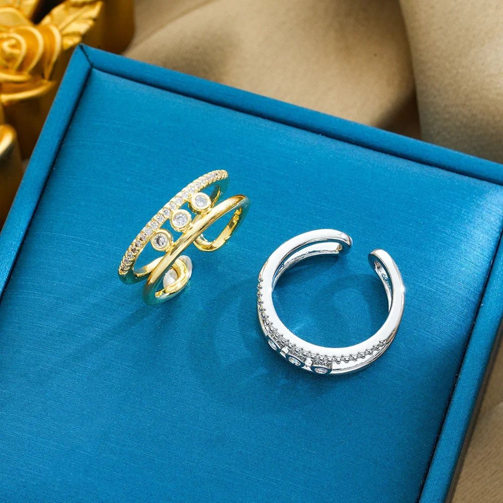 2025 حلقة مفتوحة من الزركون بطبقة مزدوجة، متعددة الاستخدامات للنساء، طراز عصري وخفيف فاخر، تصميم راقي