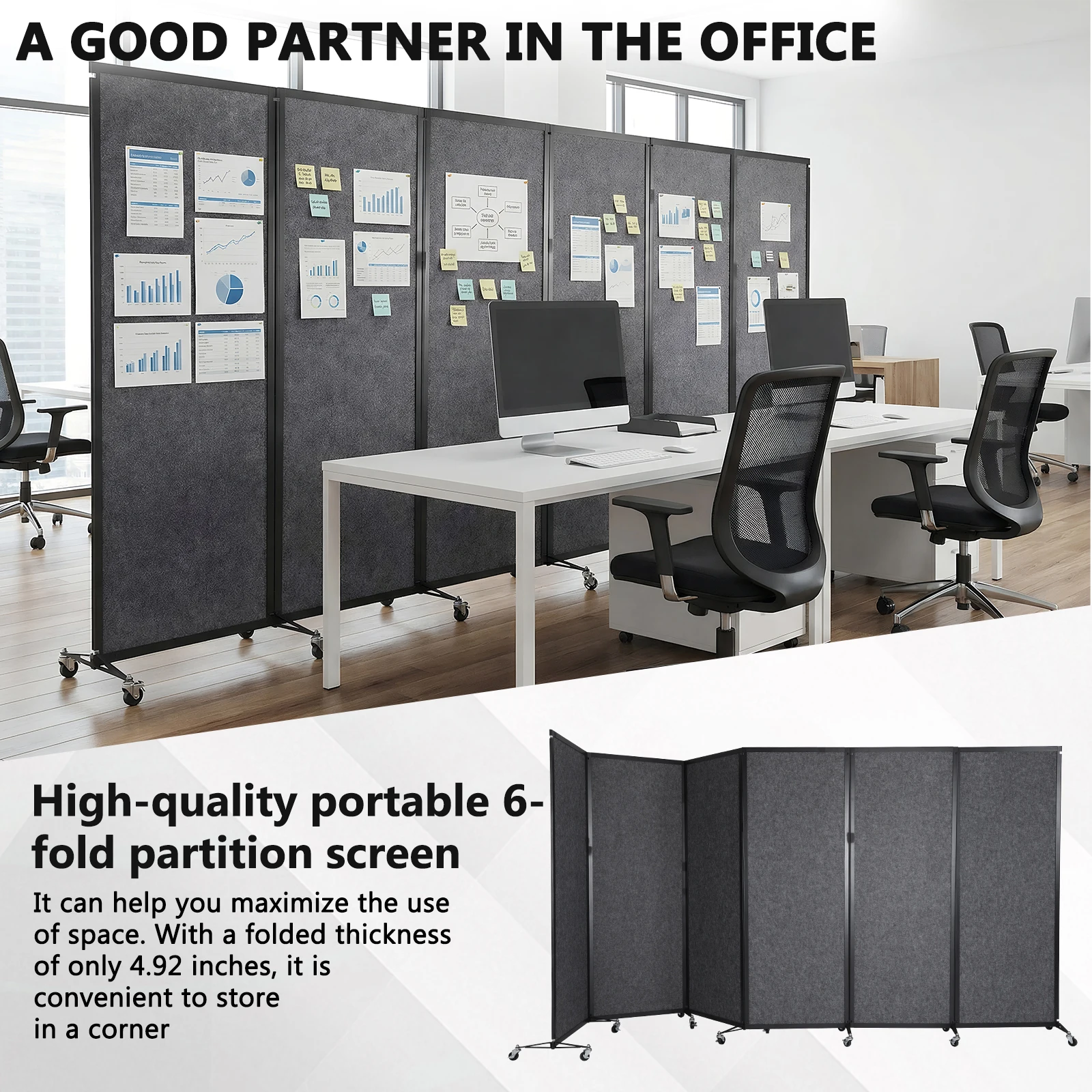 

Rolling Privacy Room Divider with Lockable Wheels Temporary Wall Separation with Felt Board for Home Dorm Decor