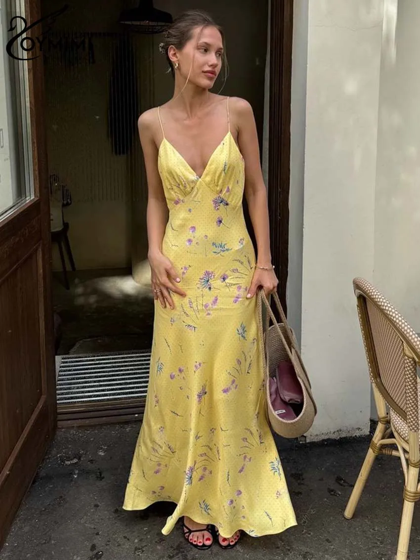 Oymimi Casual żółty nadruk damska sukienka elegancki pasek Spaghetti sukienki z odkrytymi plecami moda jesienna sukienka do kostek z wysokim stanem