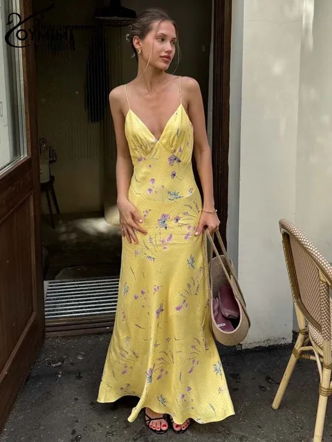 Oymimi Casual żółty nadruk damska sukienka elegancki pasek Spaghetti sukienki z odkrytymi plecami moda jesienna sukienka do kostek z wysokim stanem