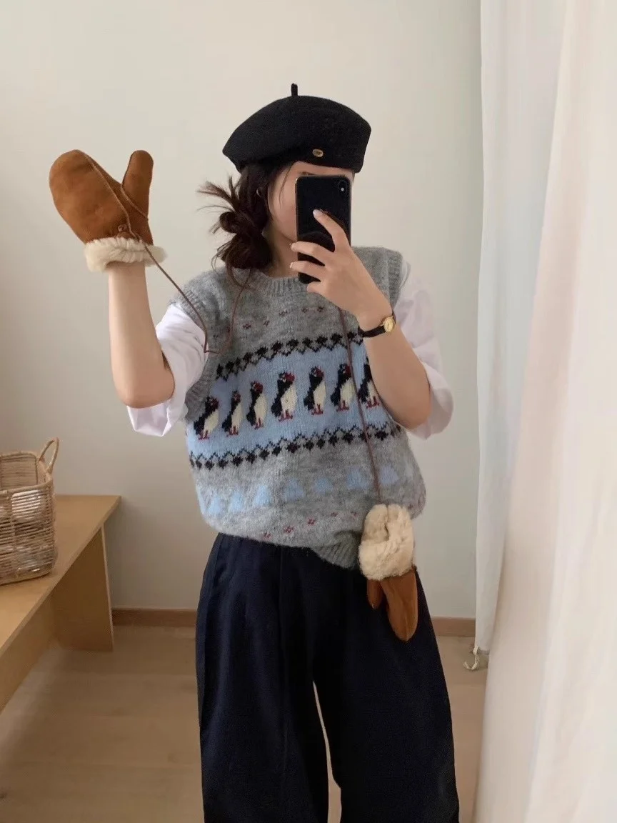 Sweter damski z dzianiny w stylu retro z motywem pingwina, okrągły dekolt, kamizelka, jesienno-zimowy, do noszenia warstwowo, miękka mieszanka wełny.