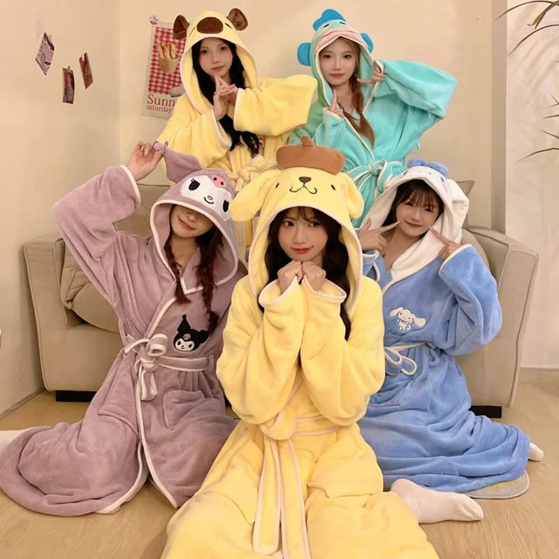 Sanrio Series Nightgown Melody Kuromi Cinnamoroll Cartoon Patterns Coral Fleece Autumn And Winter Style Bathrobe Lovers Pajamas