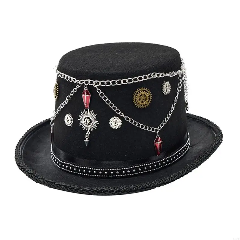 

Elegant Victorian Gothic Hat With Decorative Chains Unisex Fashion Headwear Theatrical Costume Hat Y08E