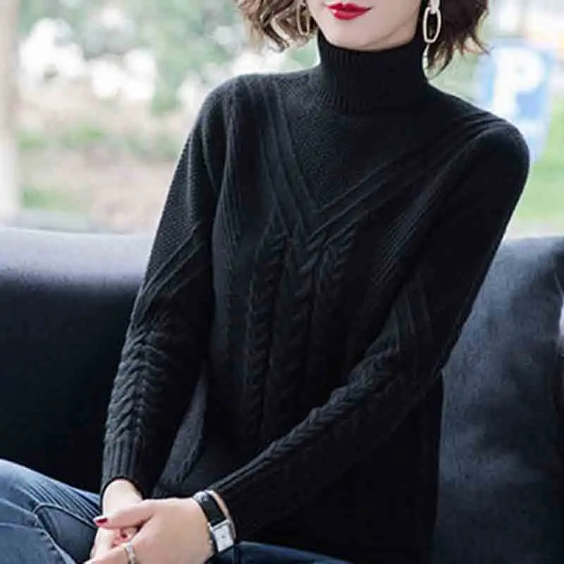 Knitted Casual Sweater Women's Autumn And Winter Warm Temperament Loose Turtleneck Knitted Pullover Sweater Bottoming ShirtLady