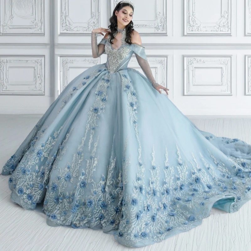 

Light Blue Quinceanera Dresses Off Shoulder Ball Gown Sweet 16 Dress Sequin Applique Flower Beading Crystal Tull Birthday Party