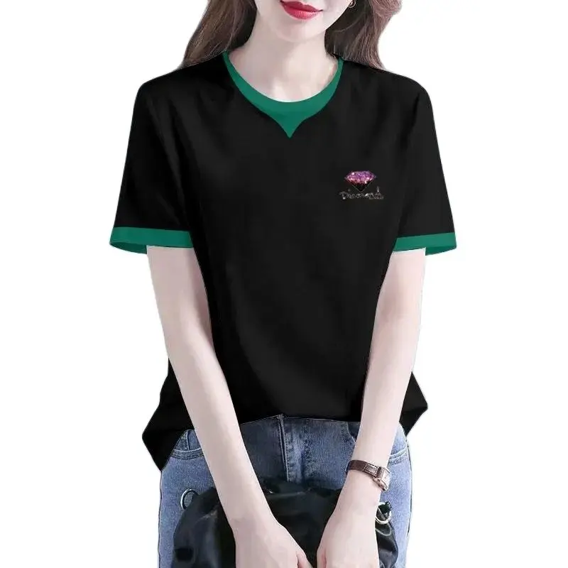 

100% Cotton Contrast Short-sleeved Round Neck T-shirt Female Joker Loose Age-reducing Western Women's Korean Summer New Style