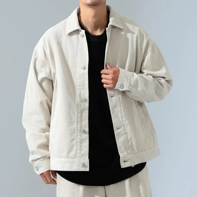 

Spring Japanese Style Loose Corduroy Jacket Oversize Men Casual Workwear Streetwear Coat Beige Black Button Up Outerwear Boys