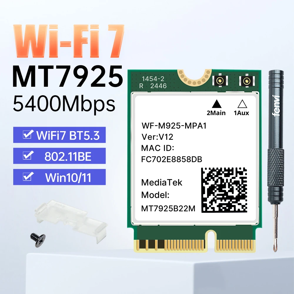 

MT7925 Сетевая карта Wi-Fi 7 BT5.3 802.11BE M.2 NGFF 5400 Мбит/с Беспроводной адаптер Wi-Fi Трехдиапазонный 2,4G/5G/6Ghz для Win11