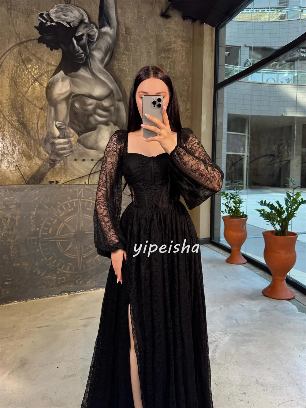 تخصيص جودة عالية أزياء من الدانتل Ruched الطية ألف خط ساحة الرقبة فساتين طويلة فساتين مناسبة مخصصة الأحجام المتاحة مثير