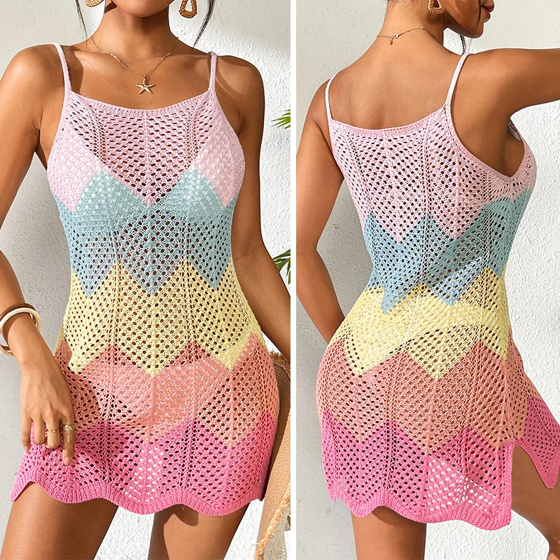 

Сексуальное стильное короткое платье с U-образным воротником и высоким разрезом, трикотажные текстурные купальники, накидки, женское ажурное платье-комбинация, яркое цветное пляжное платье