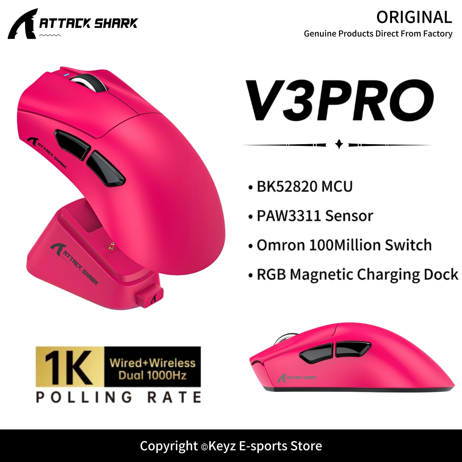 ATTACK SHARK V3Pro Lightweight Tri-Mode Wireless Gaming Mouse PAW3311 25000DPI 1KHz Type-C Magnetic Charging Dock for PC Laptop