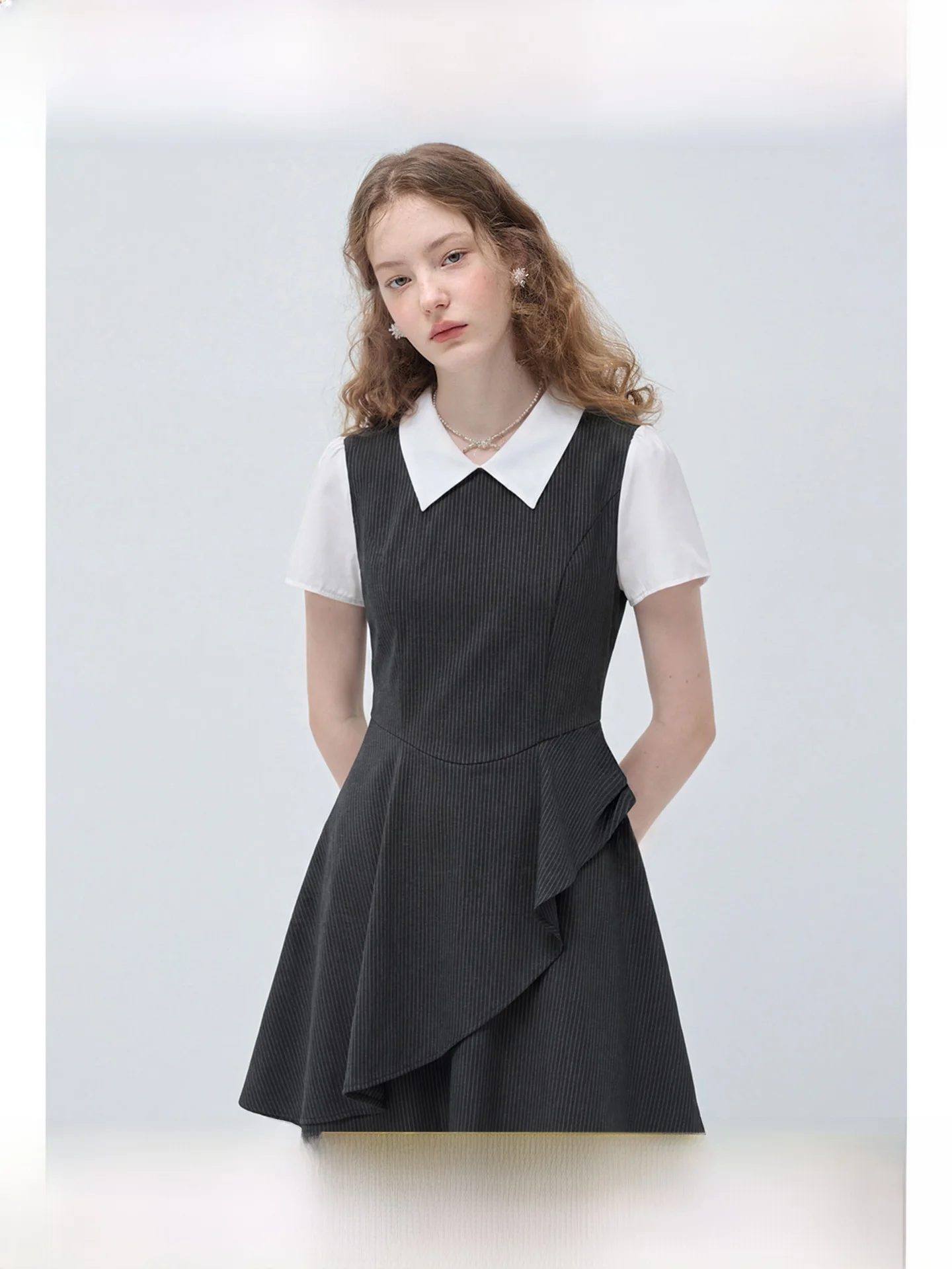 

Rui plus Size Women's Dress Turn-Down Collar Waist-Cinching Stripe Pattern Slimming Short Skirt Spring New Style Fatter Mm Sk...