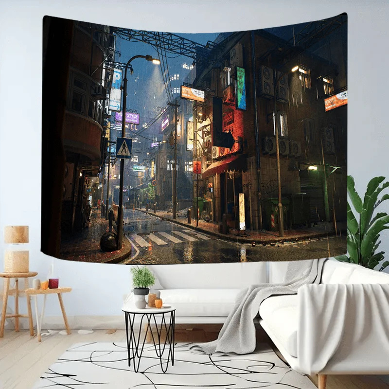 نسيج زقاق سايبربانك الممطر لديكور المنزل المستقبلي والجو