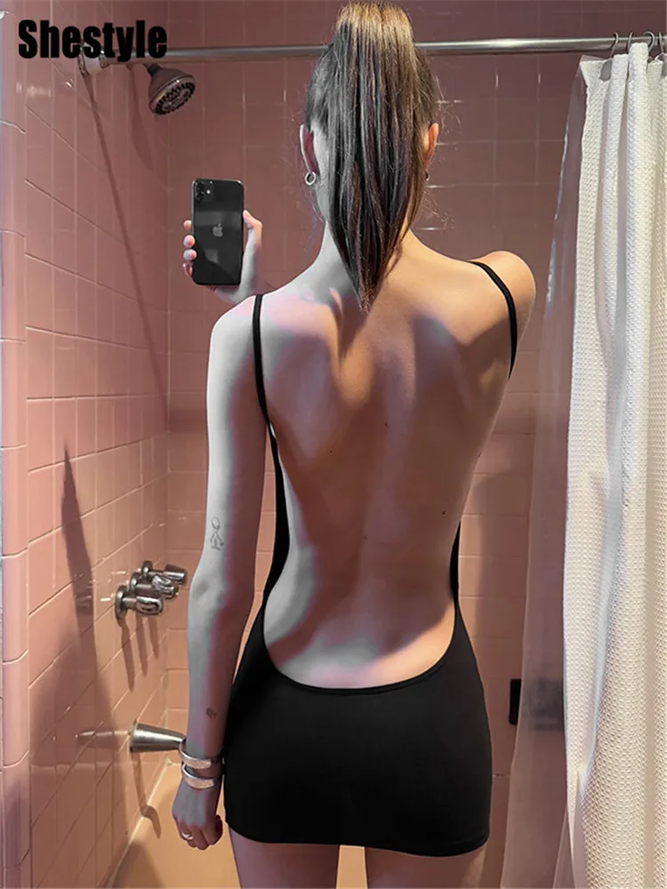 Shestyle Czarna Sukienka Mini Bez Pleców Damska na Cienkich Ramiączkach, Bielizna Klubowa, Wyjątkowo Gorąca, Obcisła, Seksowna