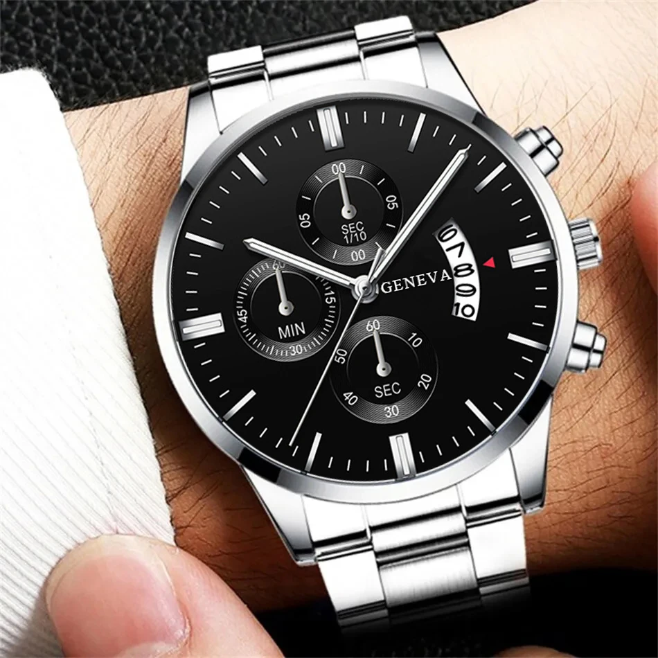 3PCS Set Fashion Mens Business Watches Men Casual Silver Bracelet Necklace Stainless Steel Quartz Wrist Watch Relogio Masculino