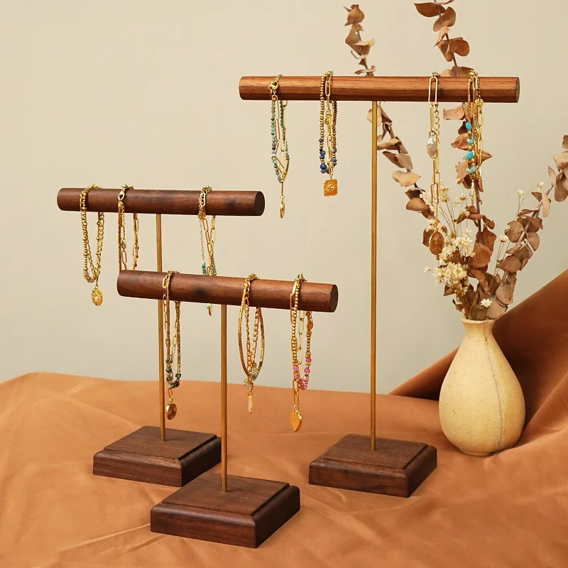 Vintage T-Shaped Walnut Stand for Beaded Bracelets & Jewelry - Premium Display Prop for Styling & PhotographyV