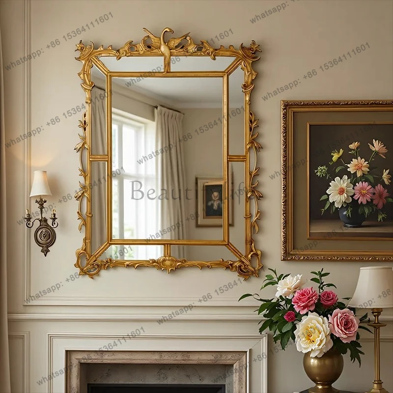 

European Art Vanity Mirror French Wall-Mounted Bedroom Bathroom Mirror Entrance Living Room Carved Decorative Mirror
