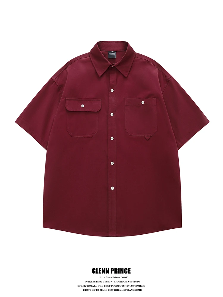 

Рубашка GPstudio American Retro Pocket Wine Red с коротким рукавом, мужская летняя, в стиле High Street, для пар, из хлопка, свободного кроя