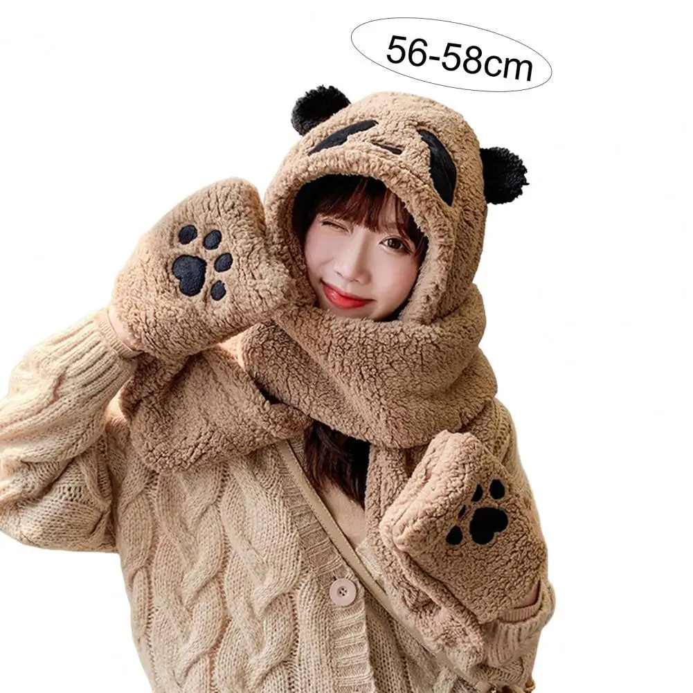 Plush Hat Cute Panda Shape Bear Claw Decor 3 in 1 Keep Warm Thickened Windproof Winter Women Scarf Gloves Cap for Outdoor