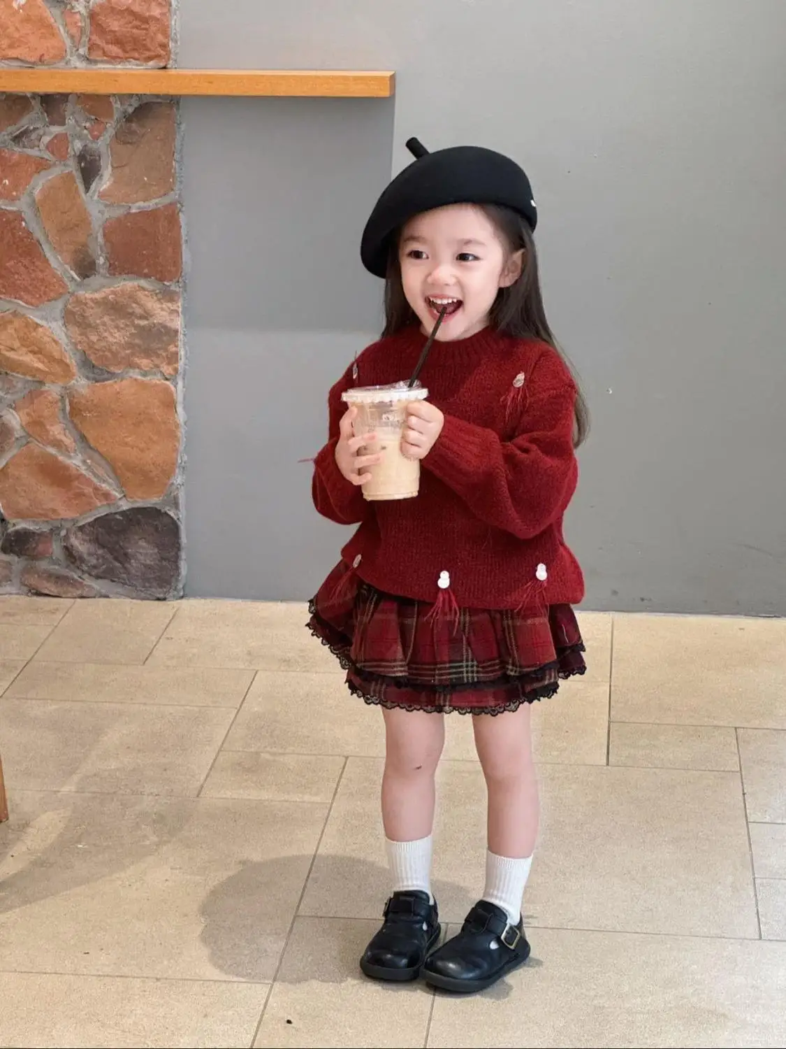 

2025 Autumn and Winter Children's Clothing Red Checkered Skirt Retro College Style High Waisted Red Checkered Half Skirt Korean