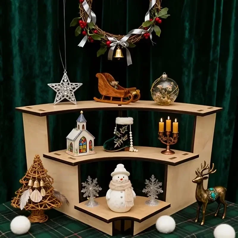 Christmas Display 3-Tier Convertible Wood Display Stand Heavy-Duty Wood Rotating Shelf with Modular Sections Easy Assembly