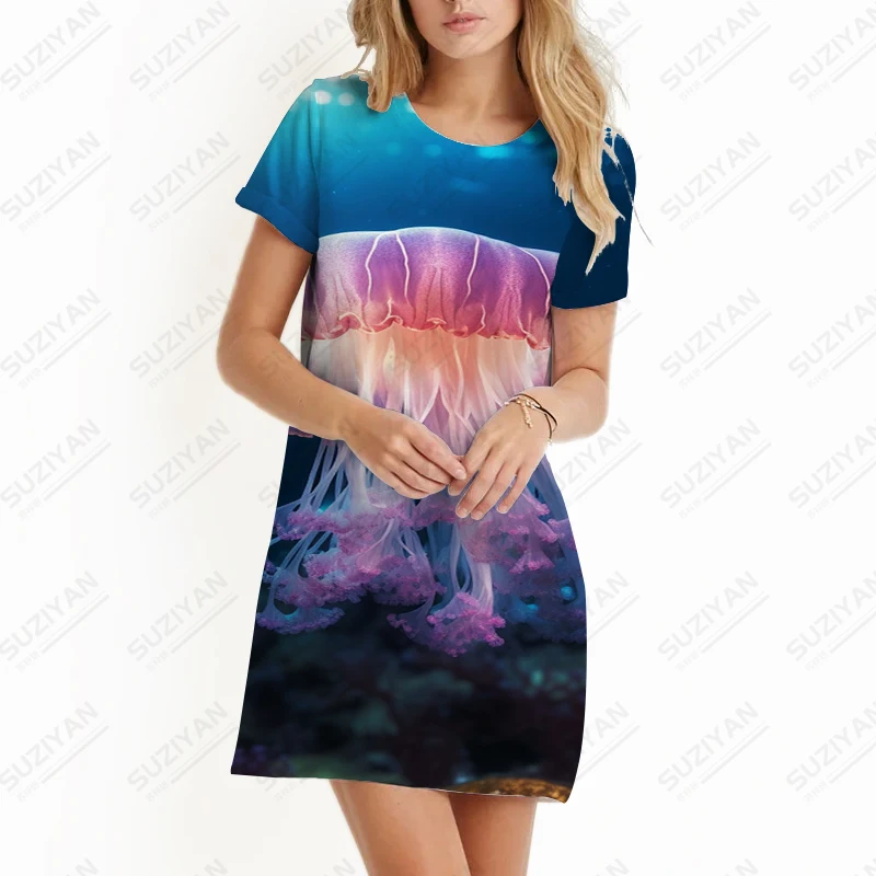 2023 neue Sommer Damen Kleid Meer Quallen 3d gedruckt Kleid Strand Urlaub Stil Kleid lässig All-Match-Kleid