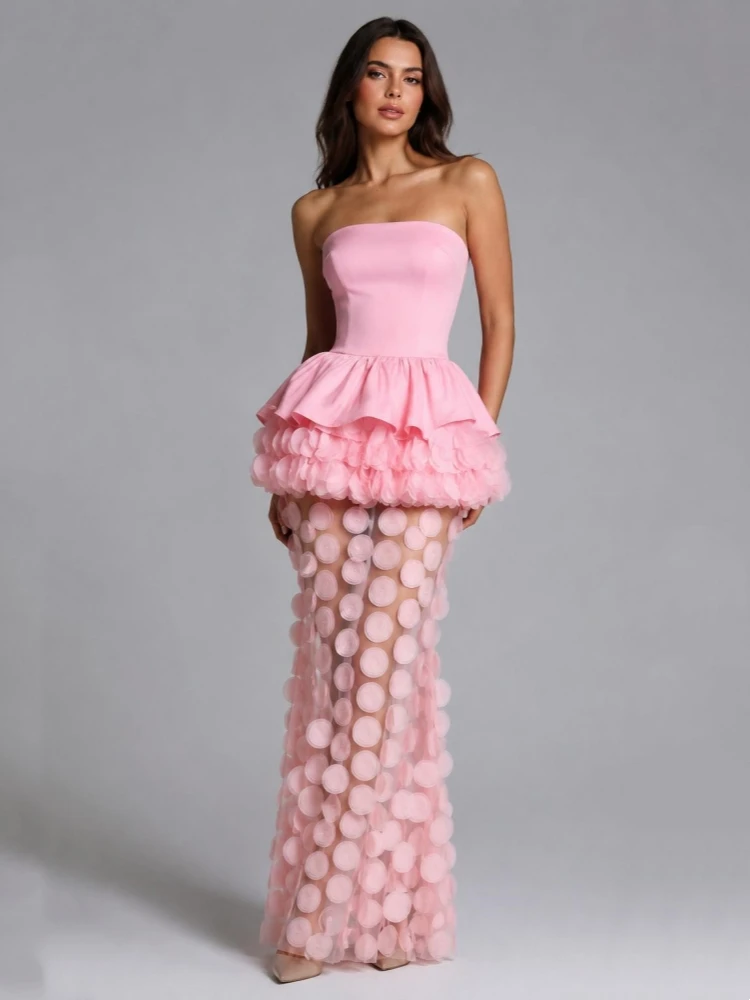 Sexy Strapless Ruffles Patchwork Dot Mesh Long Dress Women Colorblock Sleeveless Polka Dot A- Line Slim Dresses Evening Party