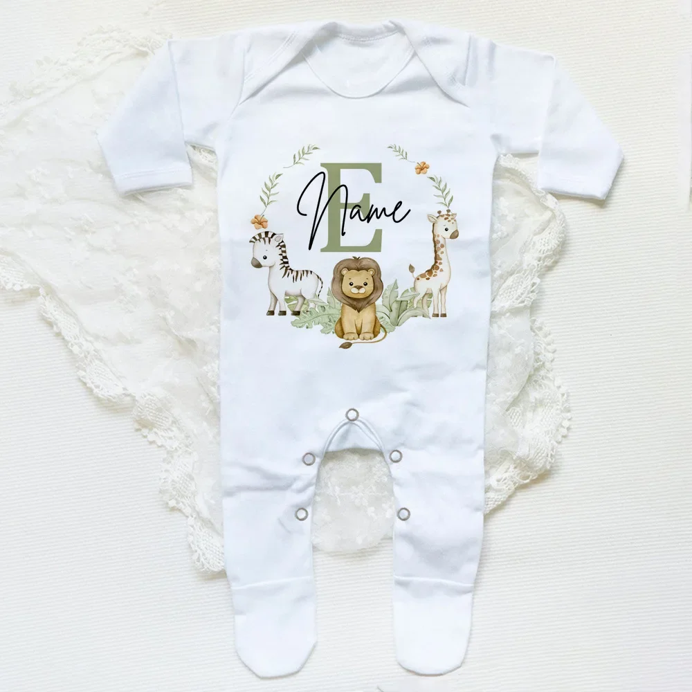 Personalised Babygrow Sleepsuit Forest Animal Wreath Print Baby Sleepsuit Custom Baby Coming Home Outfit Newbron Shower Gift