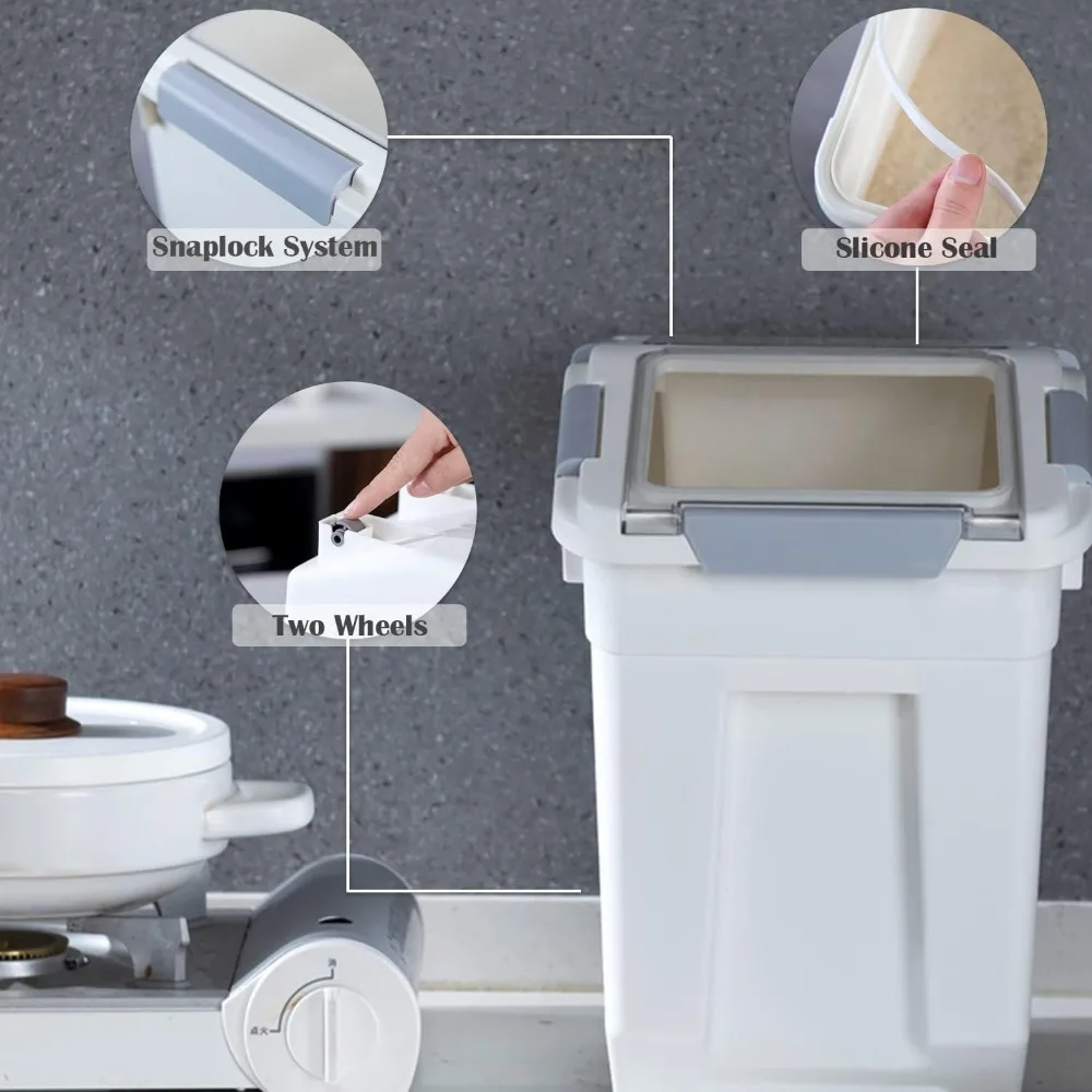 33 Liter / 50 lbs Rice Storage Container with Measuring Cup, For Rice Grain | Pet Food Flour, 2 count, White