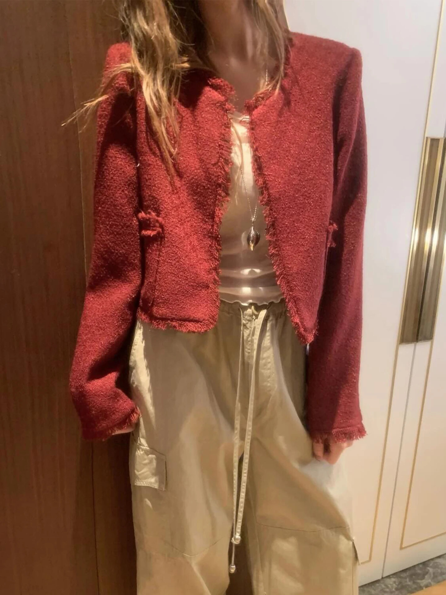 Elegant Short Open Cardigan Women's Fashion Korean Style Wool Blend Polyester Rough Tweed Lapel Sleeve Long Autumn Outerwear