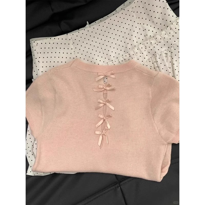 2024 Summer Autumn Pink Short-Sleeved Knitwear Women'S Leisure Fashion New Fashion T-Shirt Short Butterfly Ice Silk Chic Tops