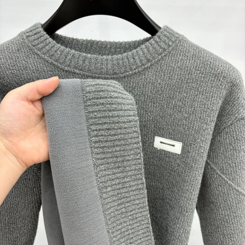 men's autumn winter high quality fleece-lined thicken long sleeves pullover round neck keep warm sweater leisure men clothing