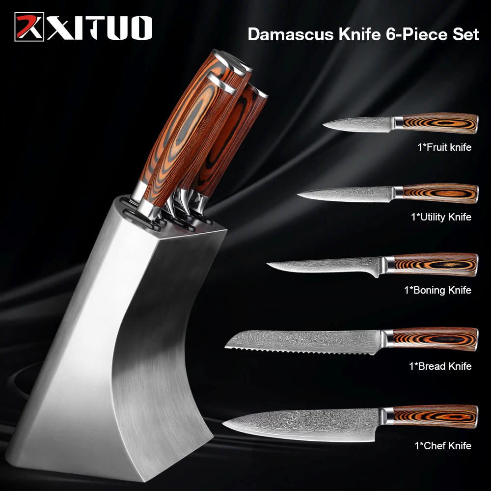 XITUO 6 Piece Damascus Knife Block Set Japanese Chef Knife Set 67-Layer VG10 Steel, Chef Knife, Paring Knife, Boning Knives