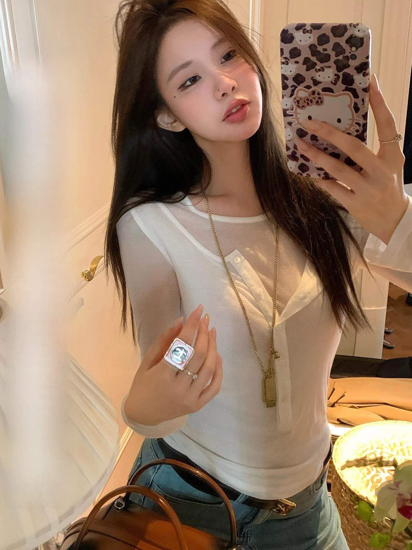 

IUIU Crystal Home 00% Silk Transparent Comfortable Women's Base irt Faionable Inner Wear Top for Autumn