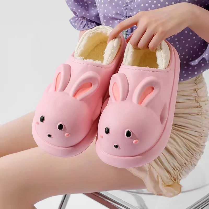 2024 Women Slippers Winter Waterproof Warm Plush Slides Indoor Bedroom Non-Slip Cozy Cuy Cute Bunny Shoes Chaussons Pour Femme