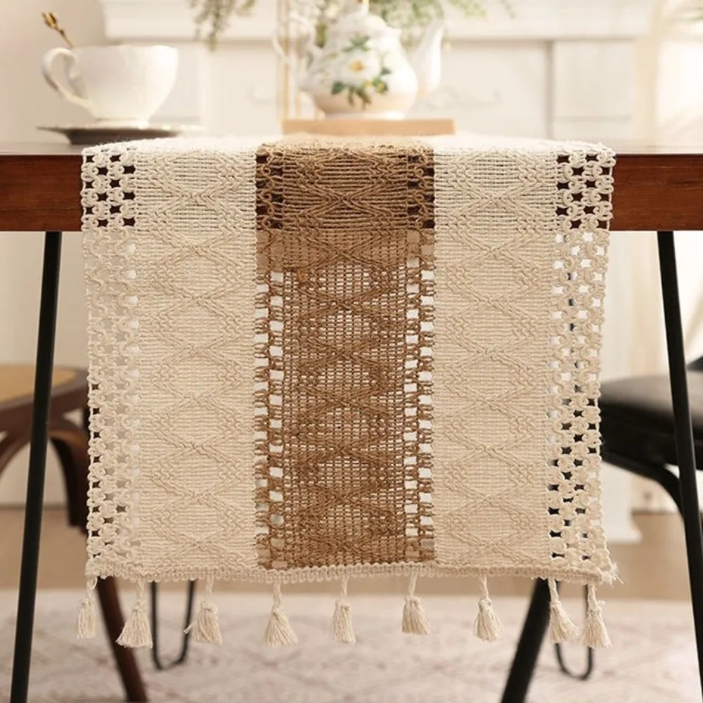 Rustic Style Knitted Hollow-out Table Runner Soft Splicing Bohemian Table Flag Washable with Tassels Knitted Cover Cloth Bedroom